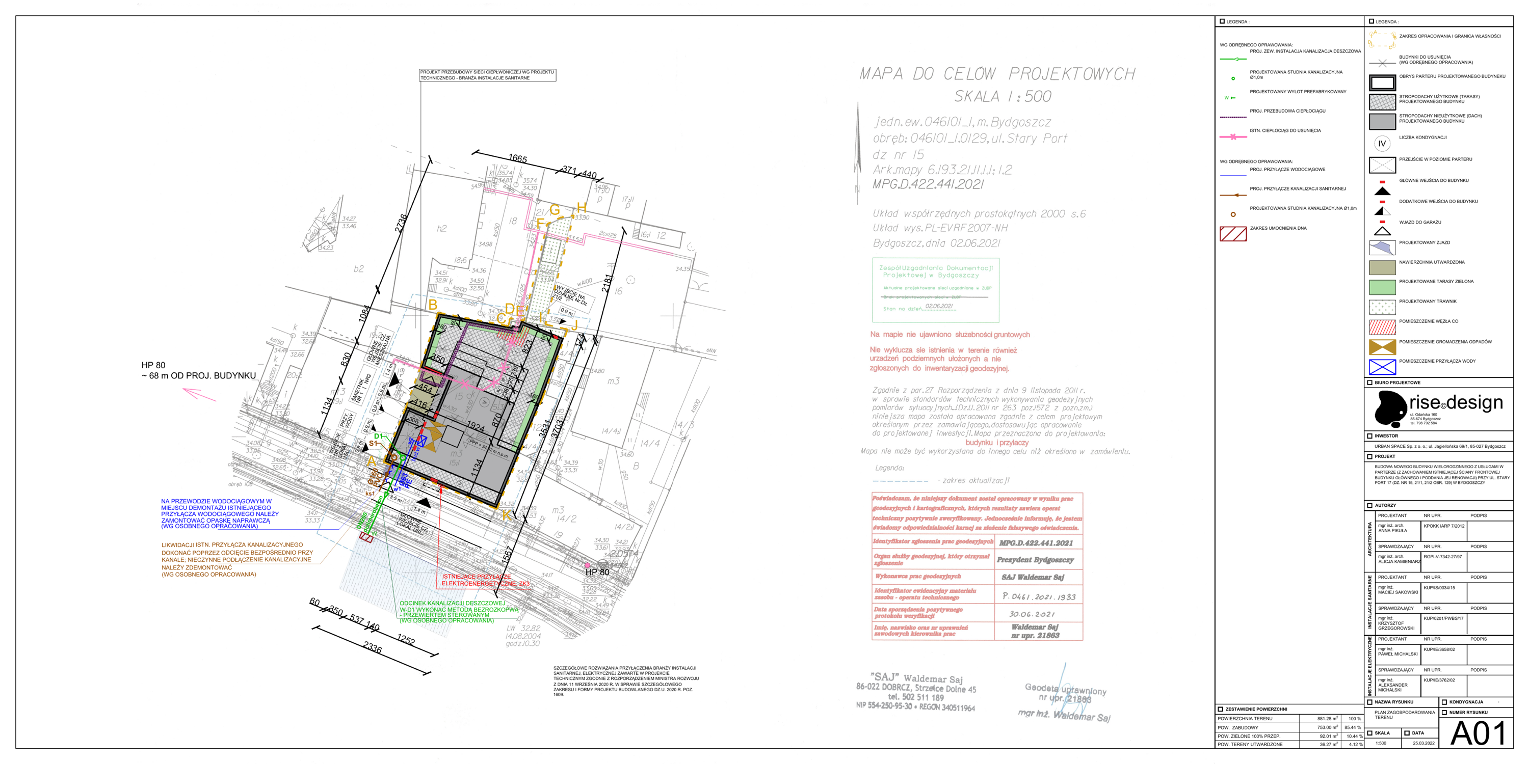 Drawing: site plan at 1:500 showing plot boundaries, building footprint, utility connections, and 82% site coverage on the narrow triangular waterfront plot
