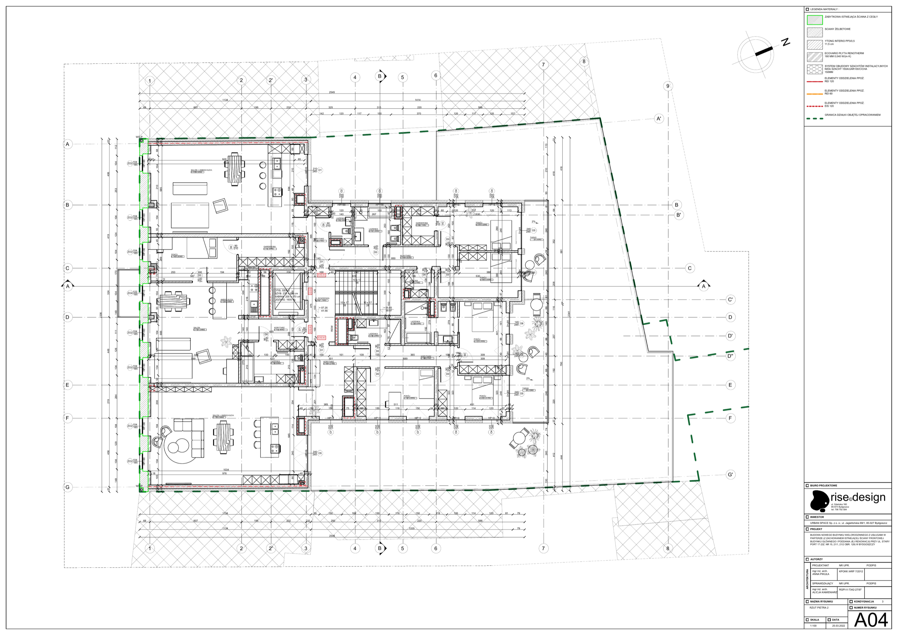 Drawing: second floor plan showing apartments M4, M5, and M6 arranged around the staircase core with balconies facing the courtyard