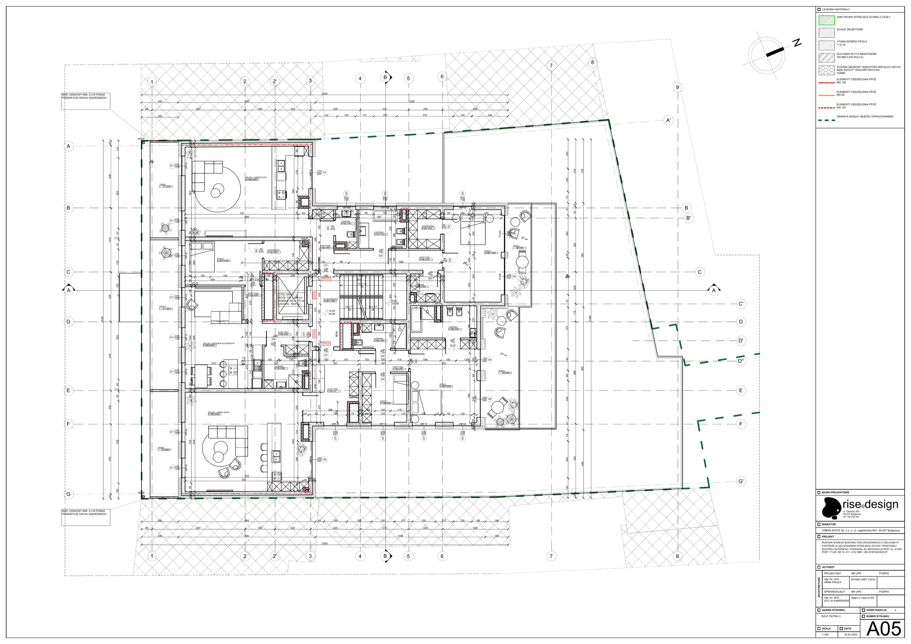 Drawing: third floor plan showing apartments M7, M8, and M9 with dual terraces on units M7 and M9 offering both street and river views
