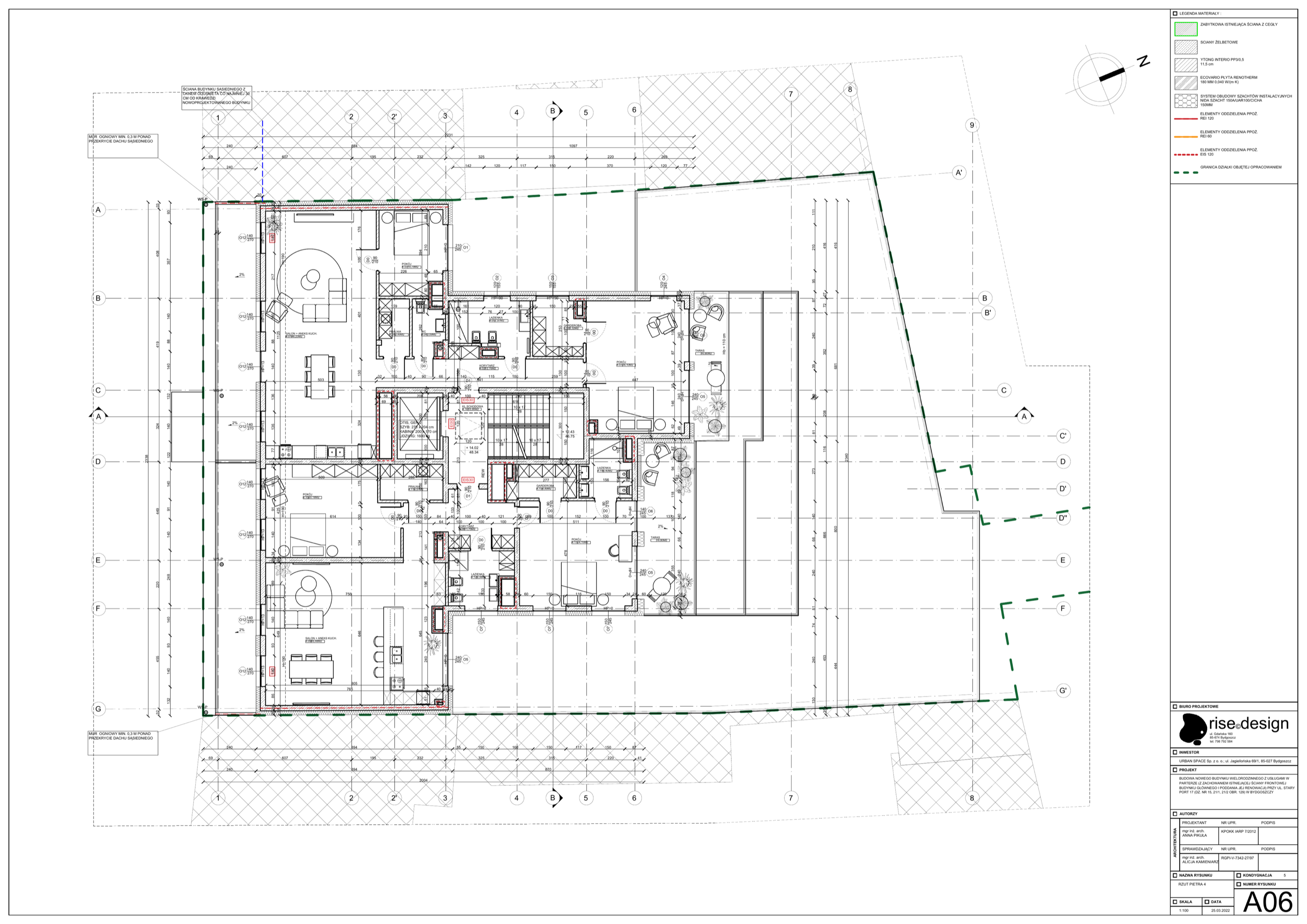 Drawing: fourth floor plan showing penthouse apartments M10 and M11 with generous terraces and panoramic river exposure