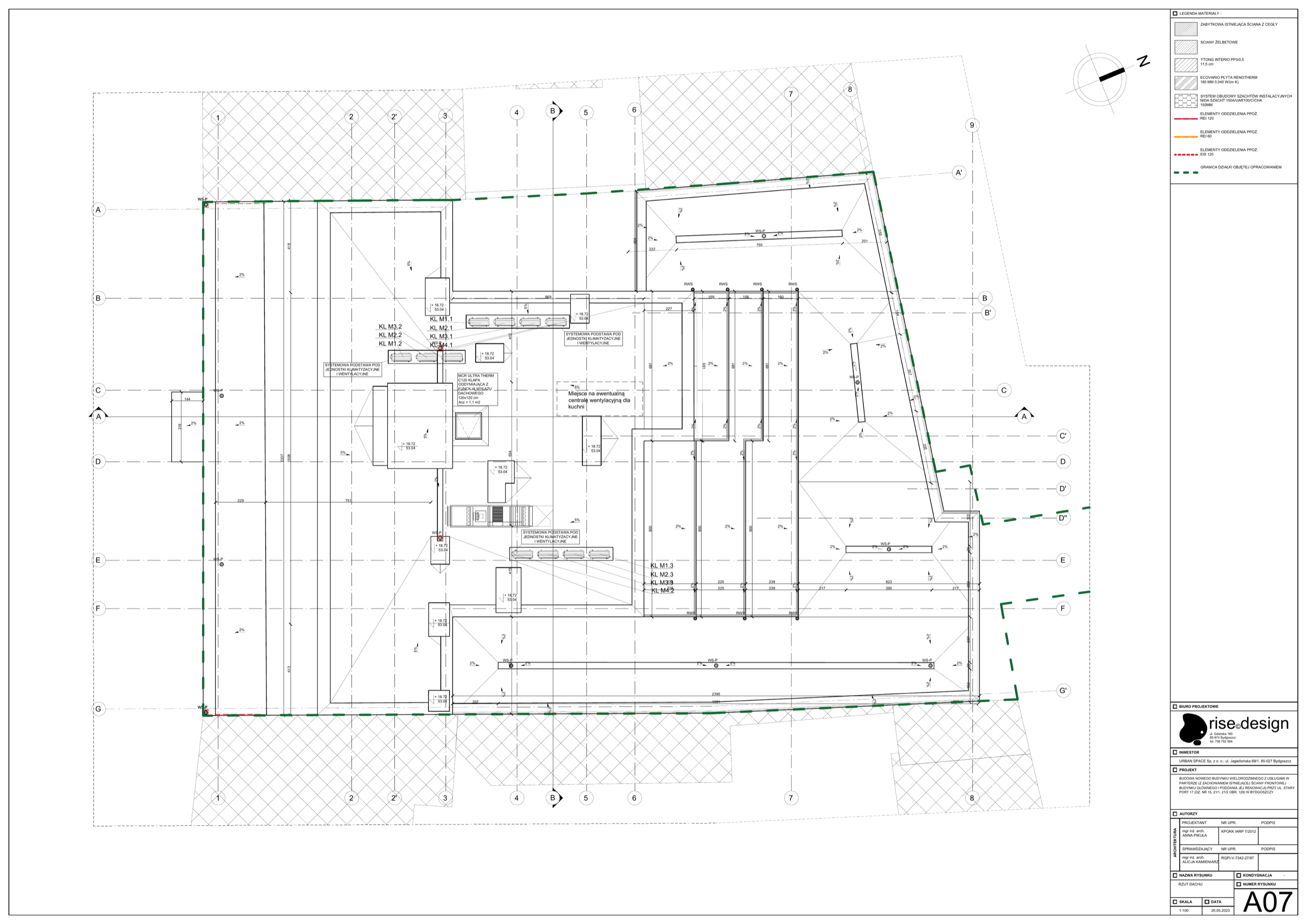 Drawing: roof plan showing HVAC condensers, Mercor smoke extraction hatch, drainage layout, and green roof planting zones