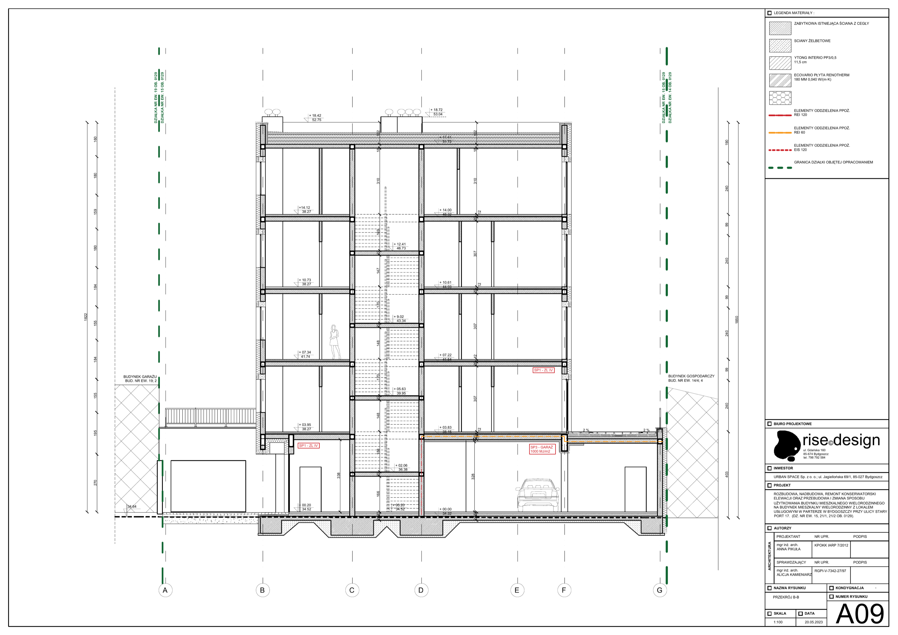 Drawing: cross section B-B showing the building relationship to neighboring properties, party wall conditions, and stepped massing toward the river
