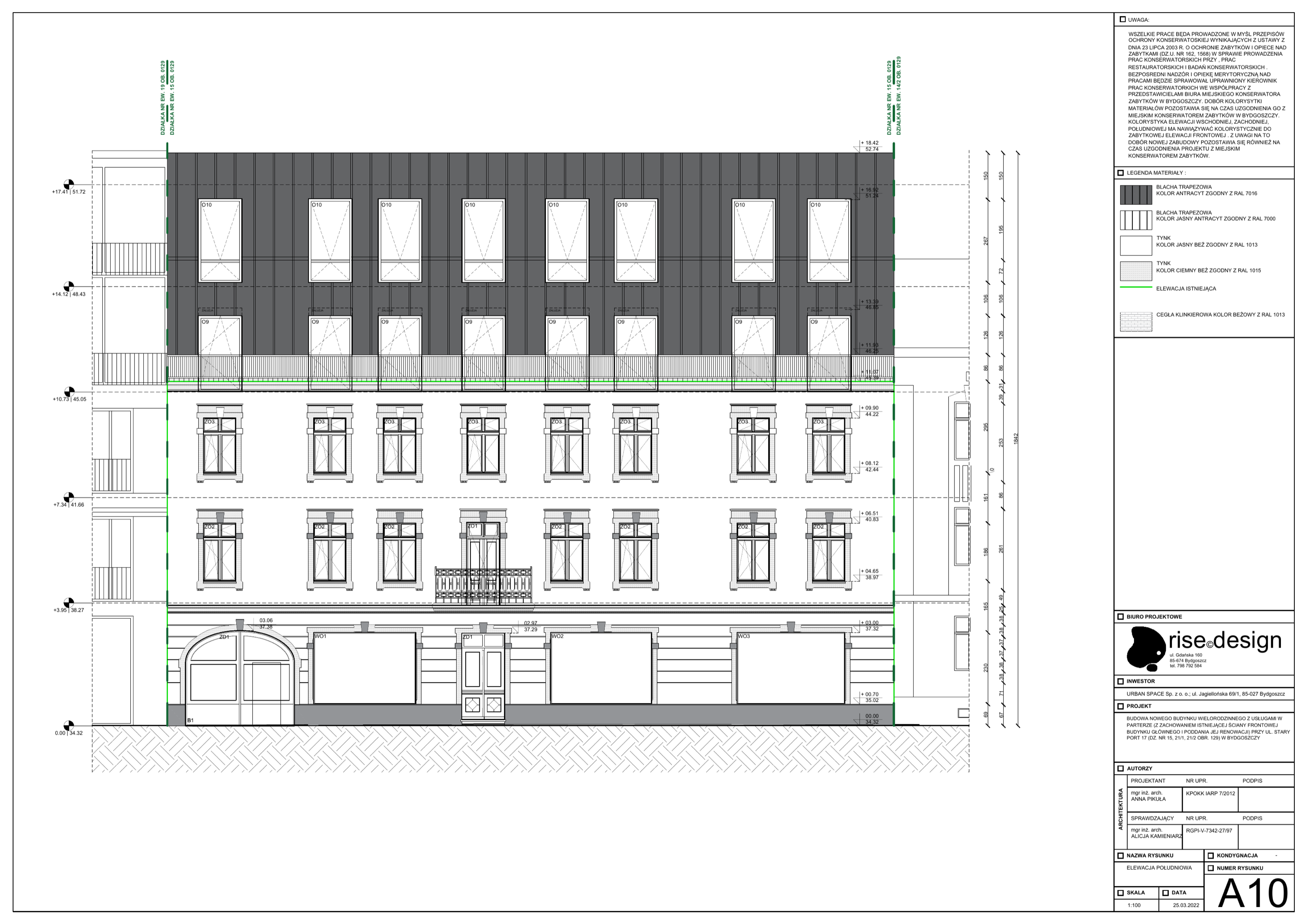 Drawing: south elevation showing the restored heritage street facade with arched gateway, period windows, and contemporary upper addition in standing seam metal