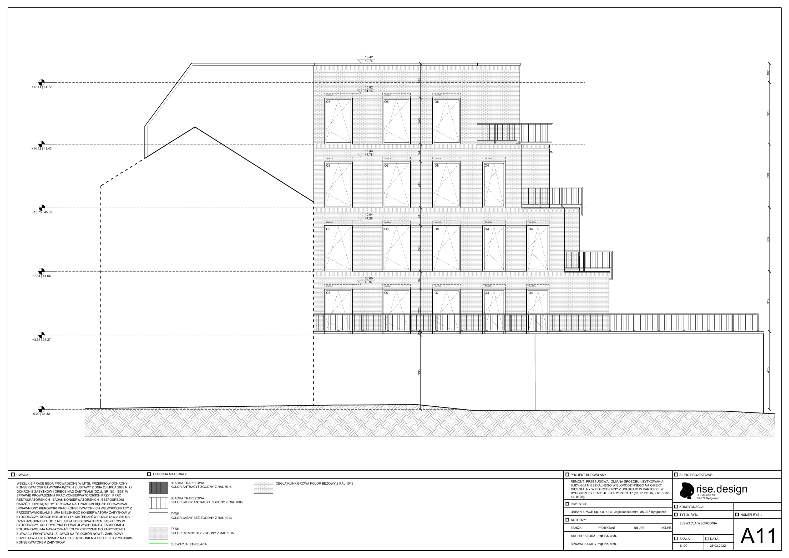 Drawing: east elevation showing the cascading side profile with clinker brick and metal cladding stepping back at each floor from street to river