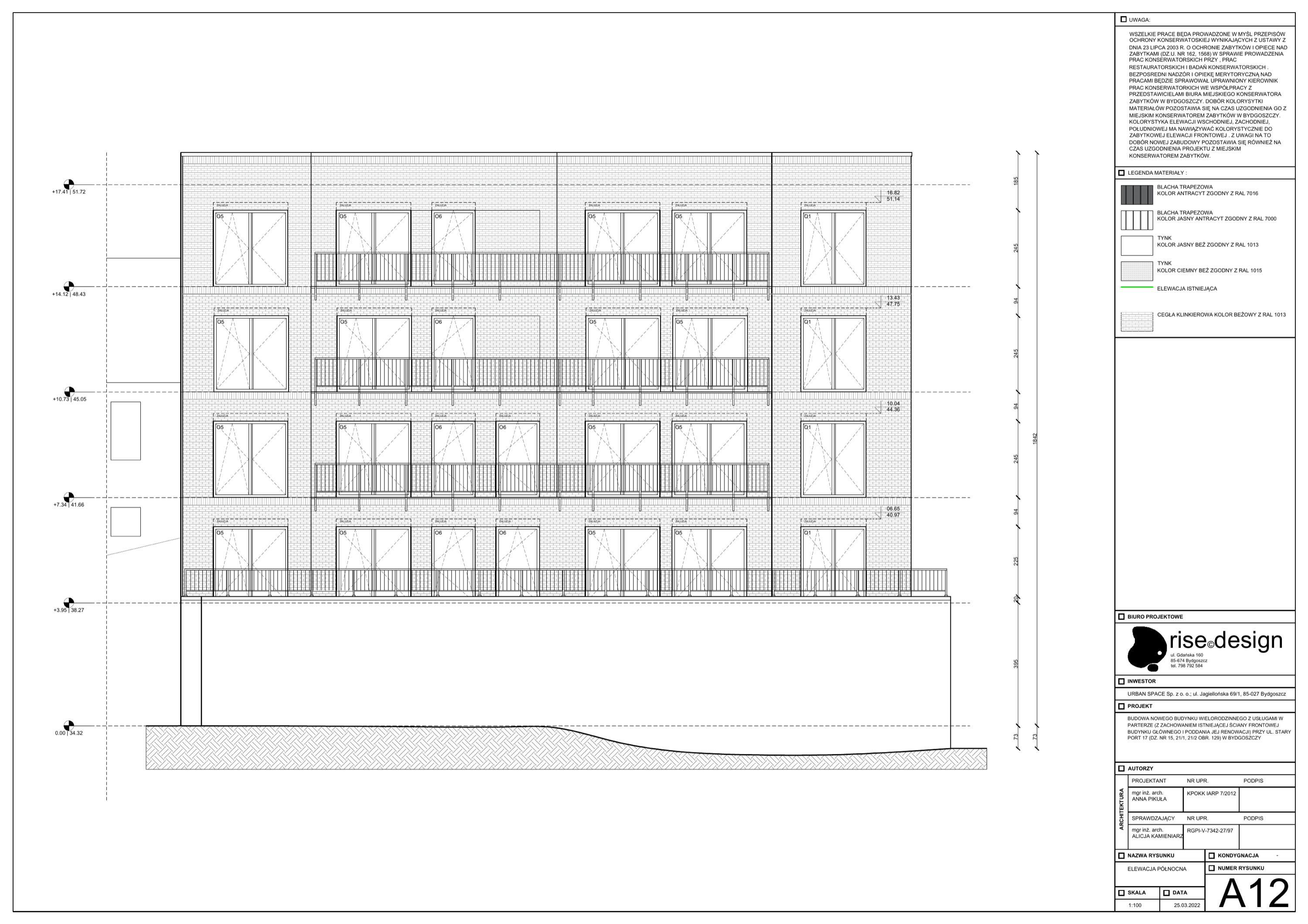 Drawing: north elevation showing the full-height river-facing rear facade with regular window grid, metal balconies, and dual material expression
