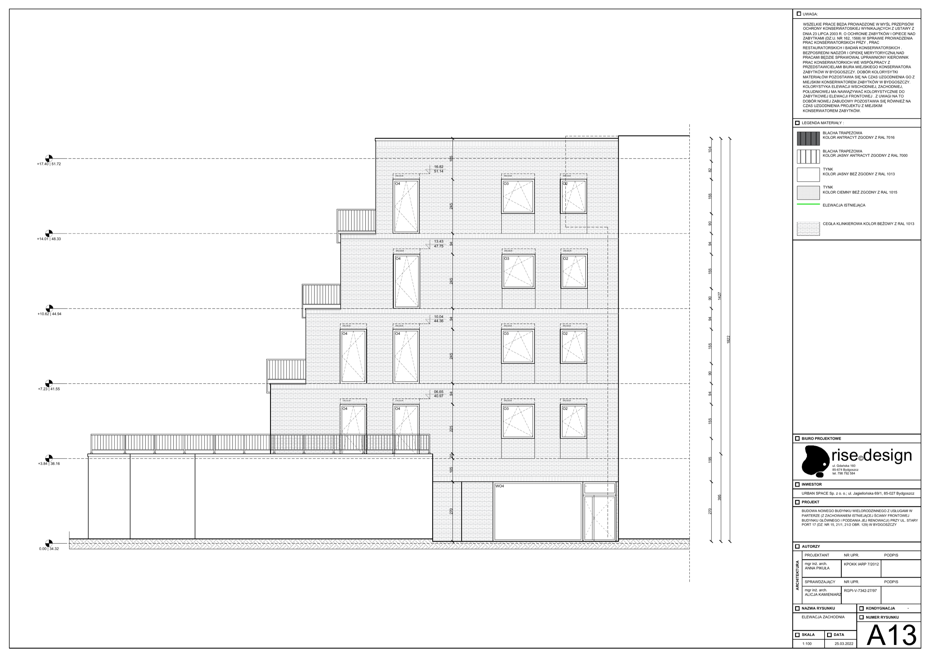 Drawing: west elevation showing the party-wall side cascading profile with limited fenestration and material palette of plaster and standing seam metal