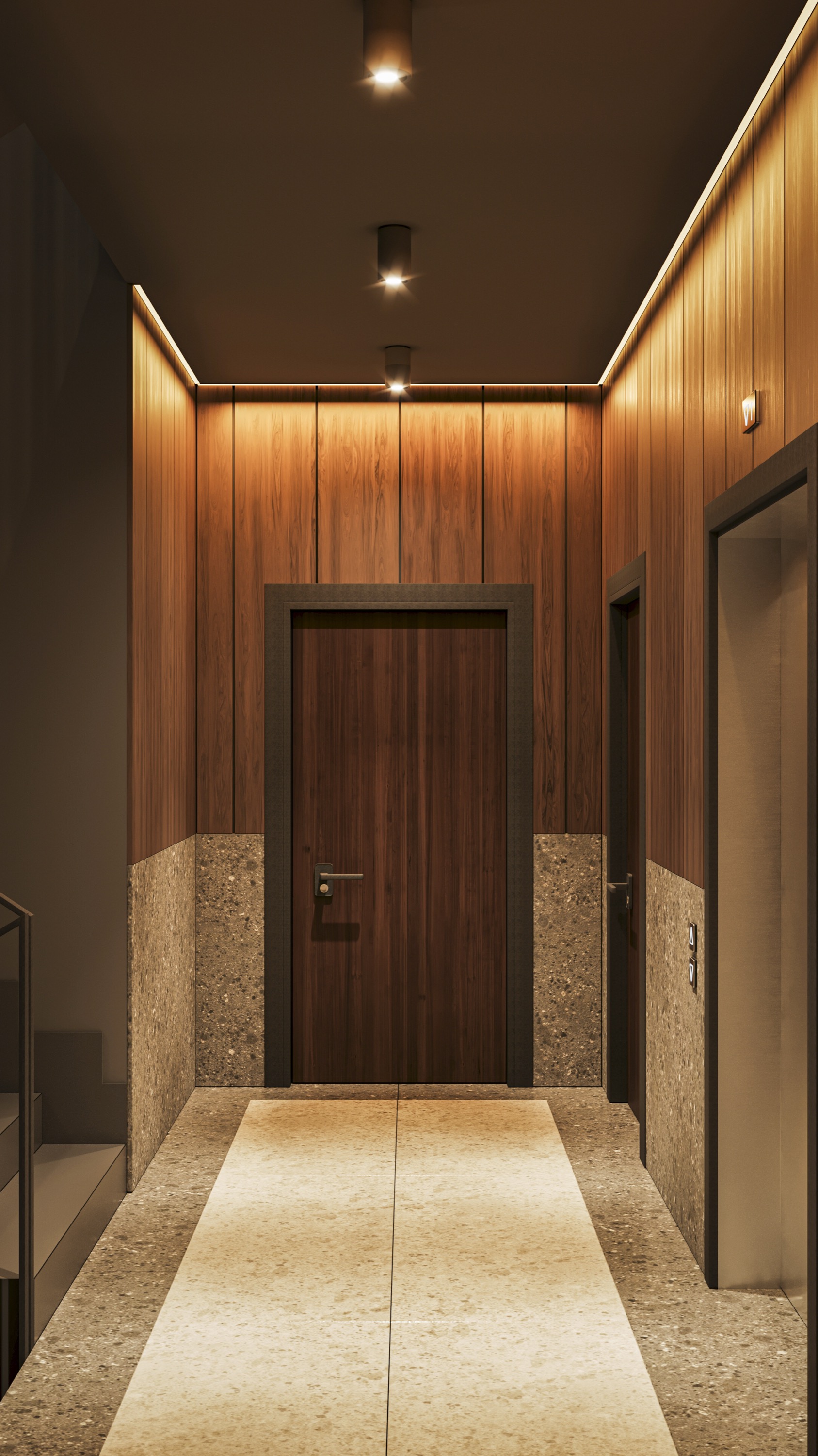 Render: night interior visualization of a living space with warm ambient lighting, floor-to-ceiling windows, and views toward the illuminated courtyard