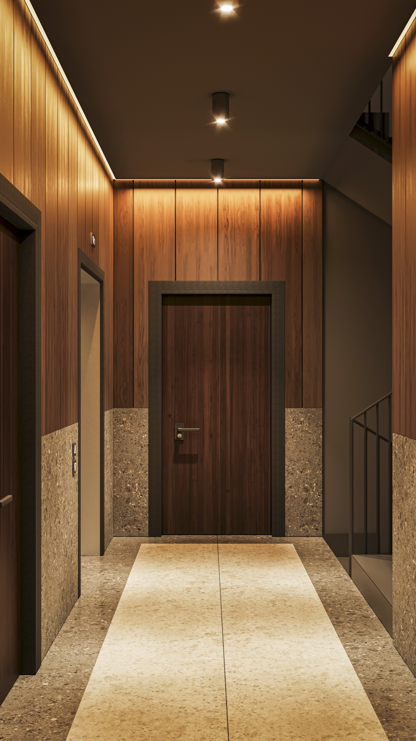 Render: bedroom interior visualization with natural light entering through large contemporary windows, neutral material palette, and integrated storage wall