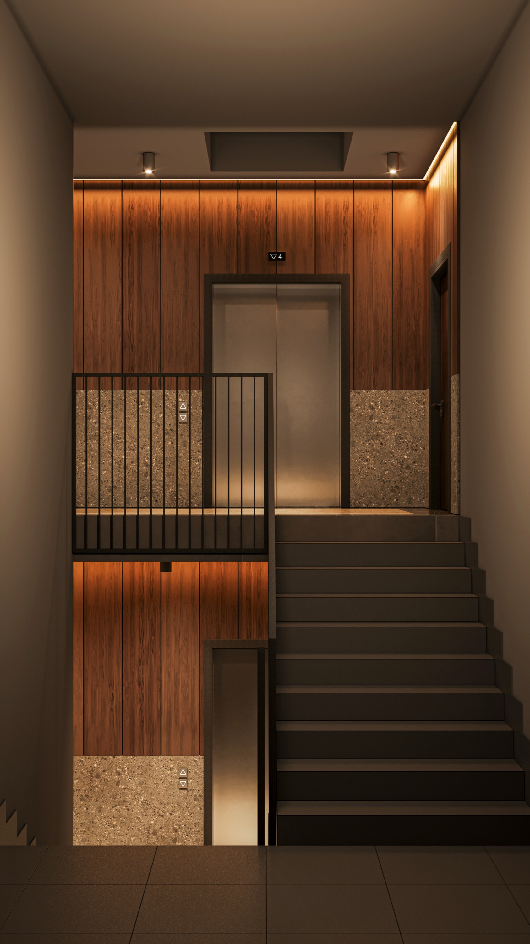 Render: kitchen and dining area visualization with open-plan layout, island counter, walnut cabinetry, and connection to terrace through sliding glass doors