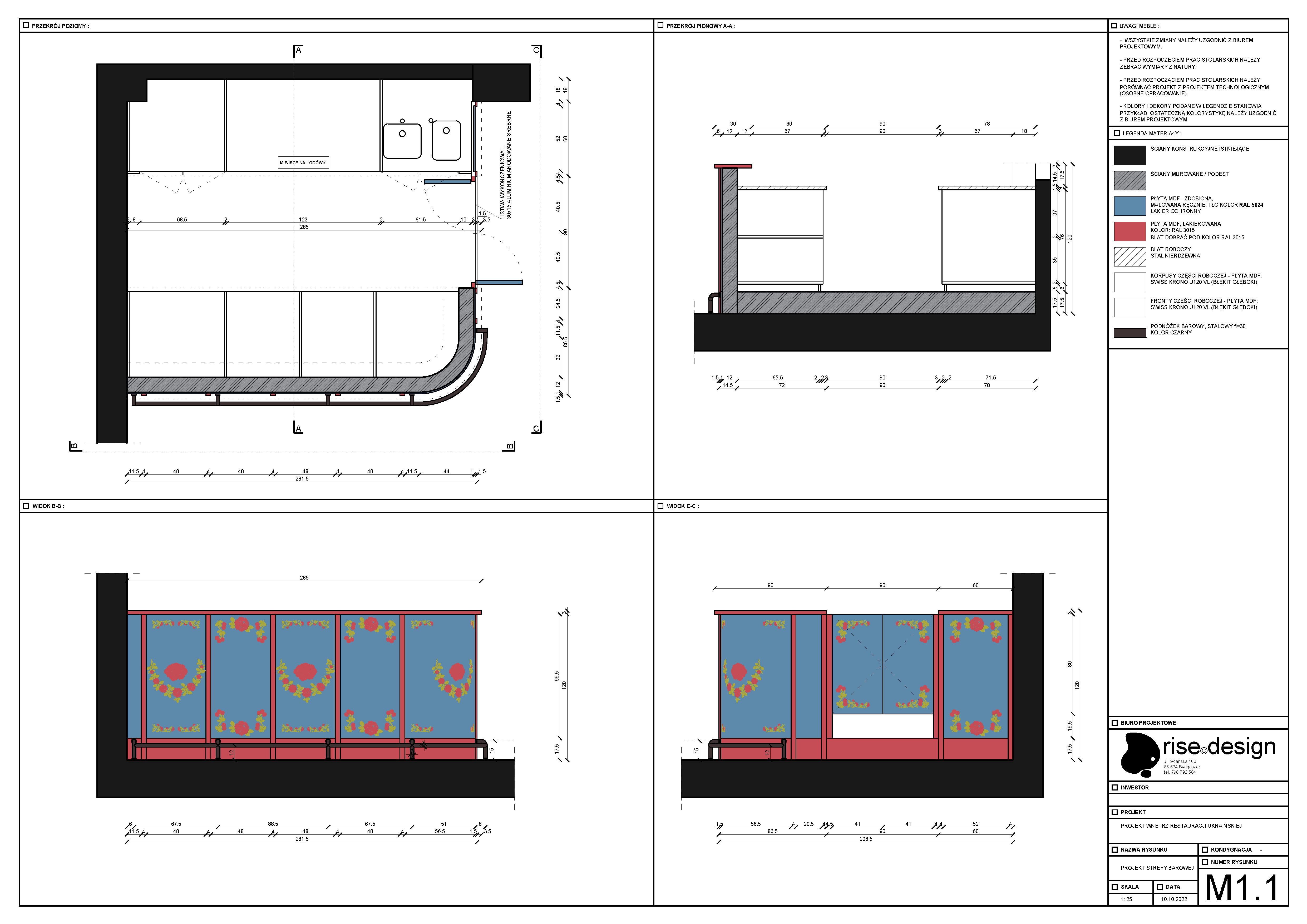 Drawing: full restaurant floor plan showing 170 square metre layout with kitchen zone, bar counter, booth seating, and back-of-house