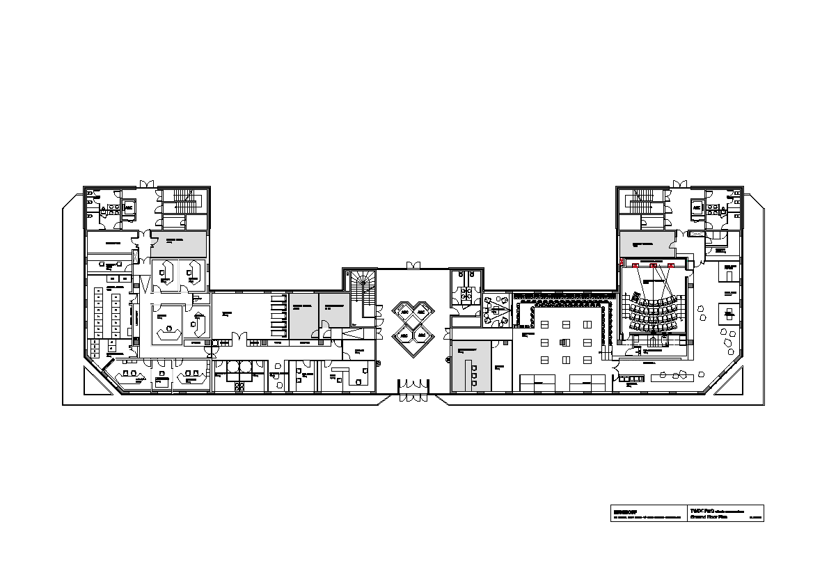 Drawing: ground floor plan showing programmatic zones, furniture placement, stairs, and circulation routes across the full floor plate