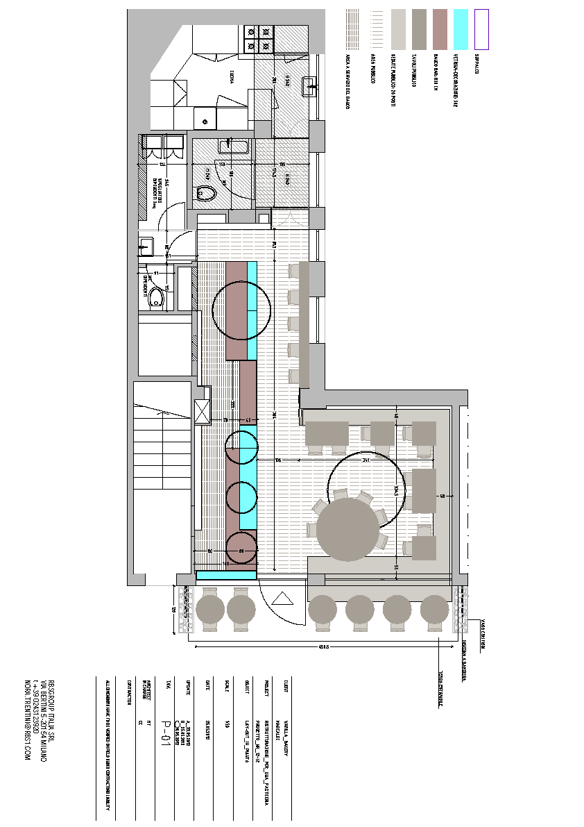 Drawing: floor plan at 1:50 showing L-shaped service counter, seating zones, kitchen, WC, and colour-coded functional areas within the corner retail unit