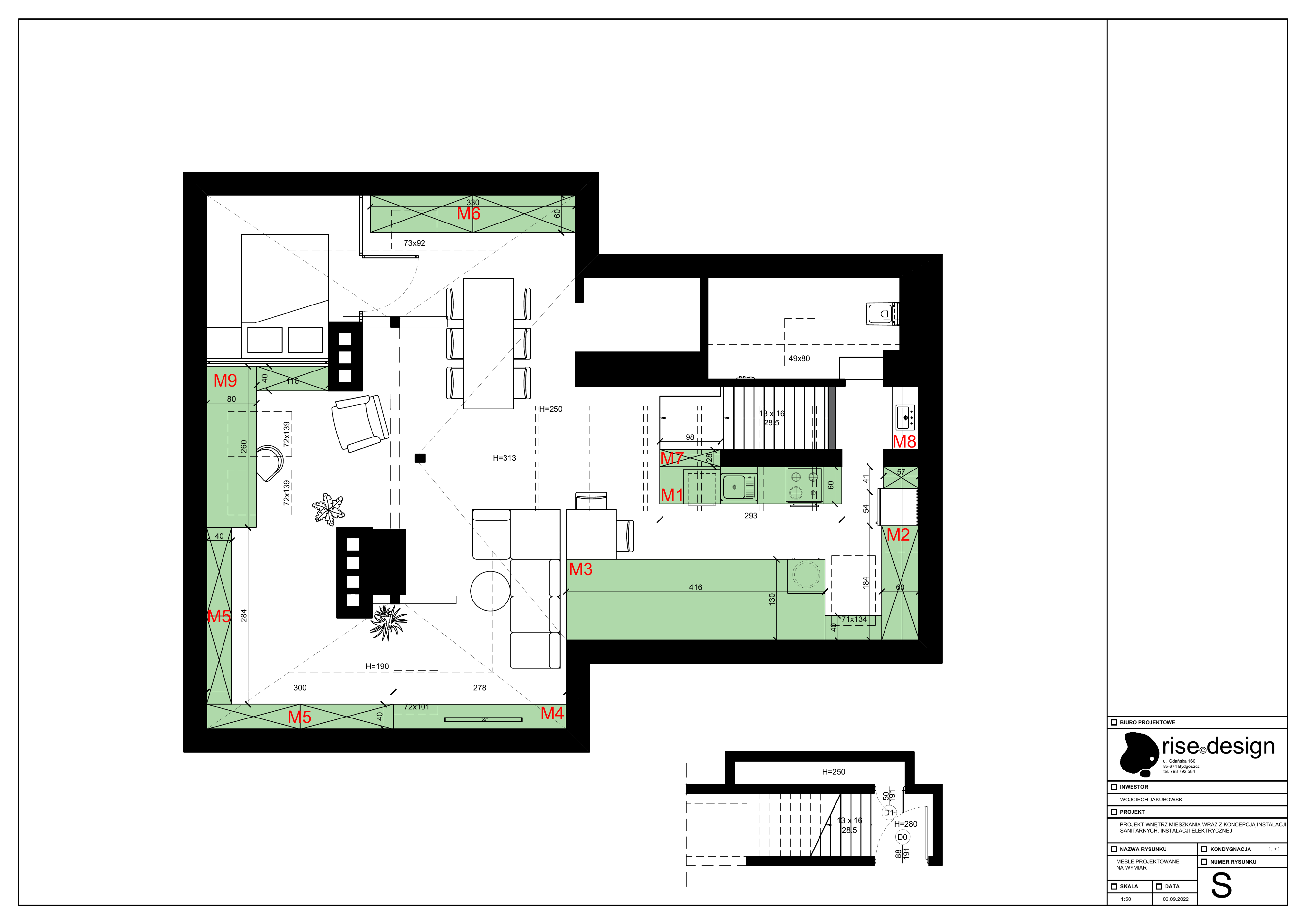 Drawing: UO general arrangement floor plan S at 1:50 showing open-plan living kitchen and dining on upper level, bedroom, single redesigned bathroom with vestibule, and custom furniture zones M1 through M9