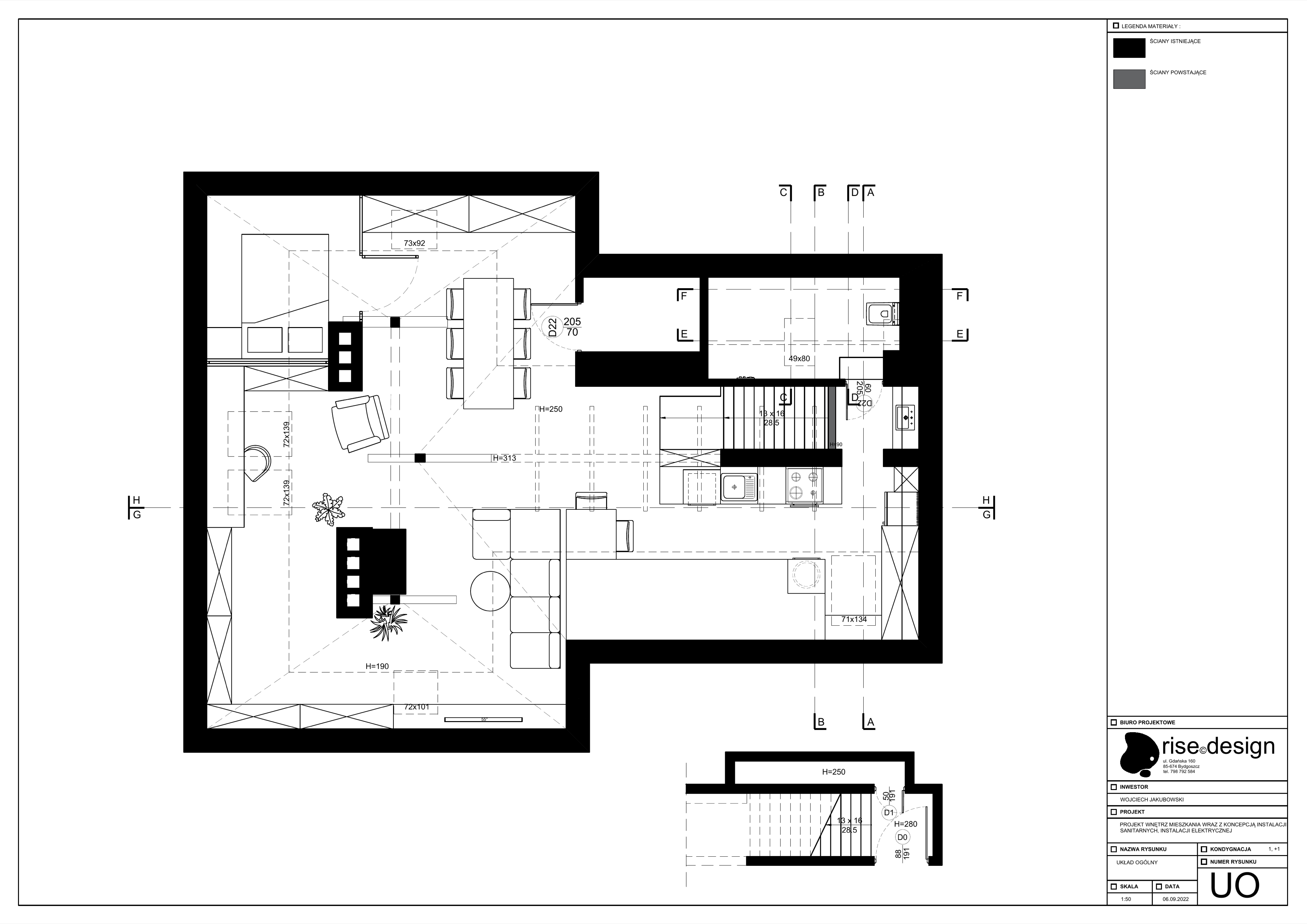 Drawing: electrical outlet and switch layout plan at 1:50 with circuit annotations, 16A 230V socket positions, roof window lighting outlets, and dedicated kitchen appliance connections