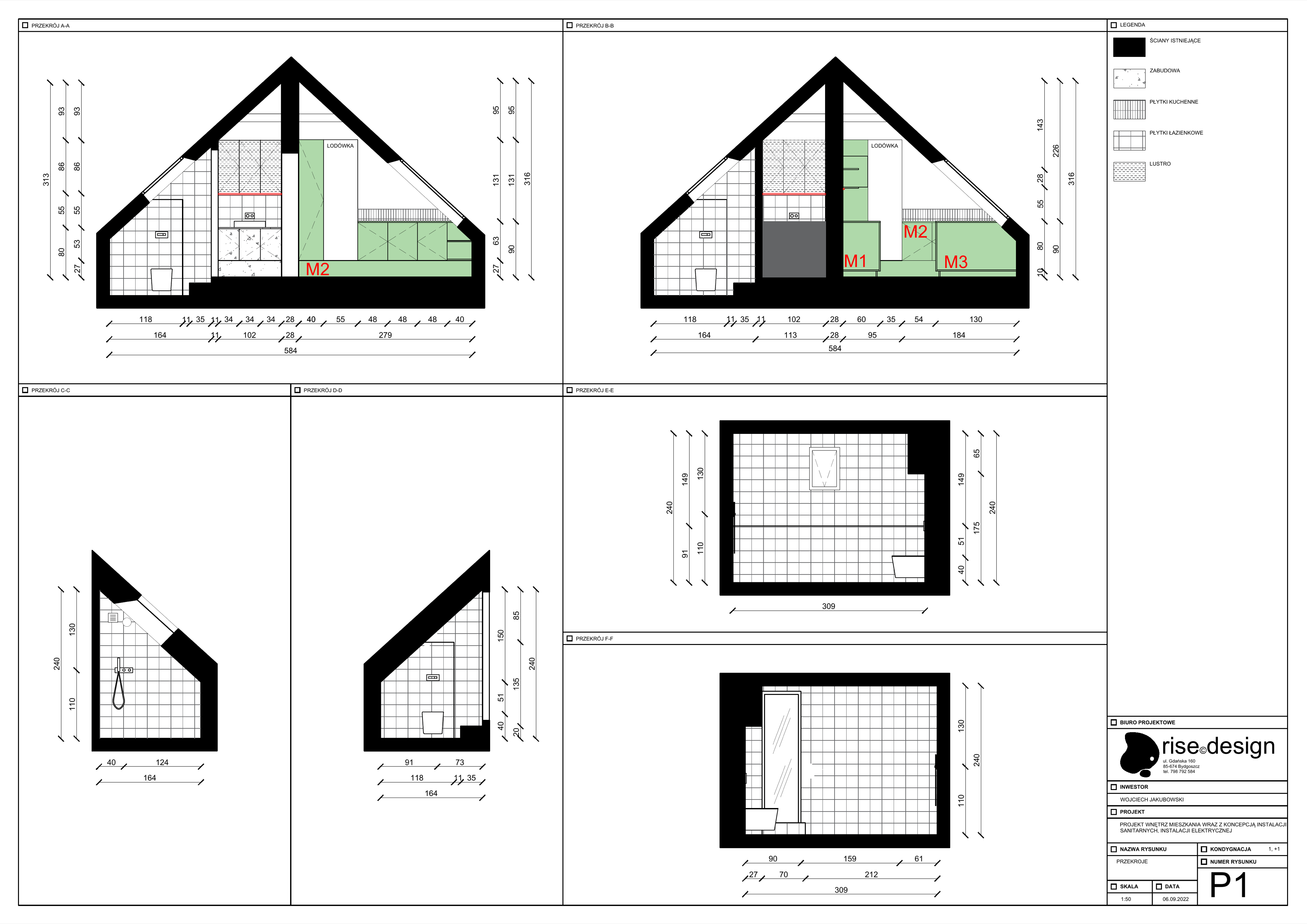 Drawing: lighting plan at 1:50 showing recessed LED spot downlight positions, pendant fixture locations, two-way switch circuits for the attic staircase, and dimmer zones per room