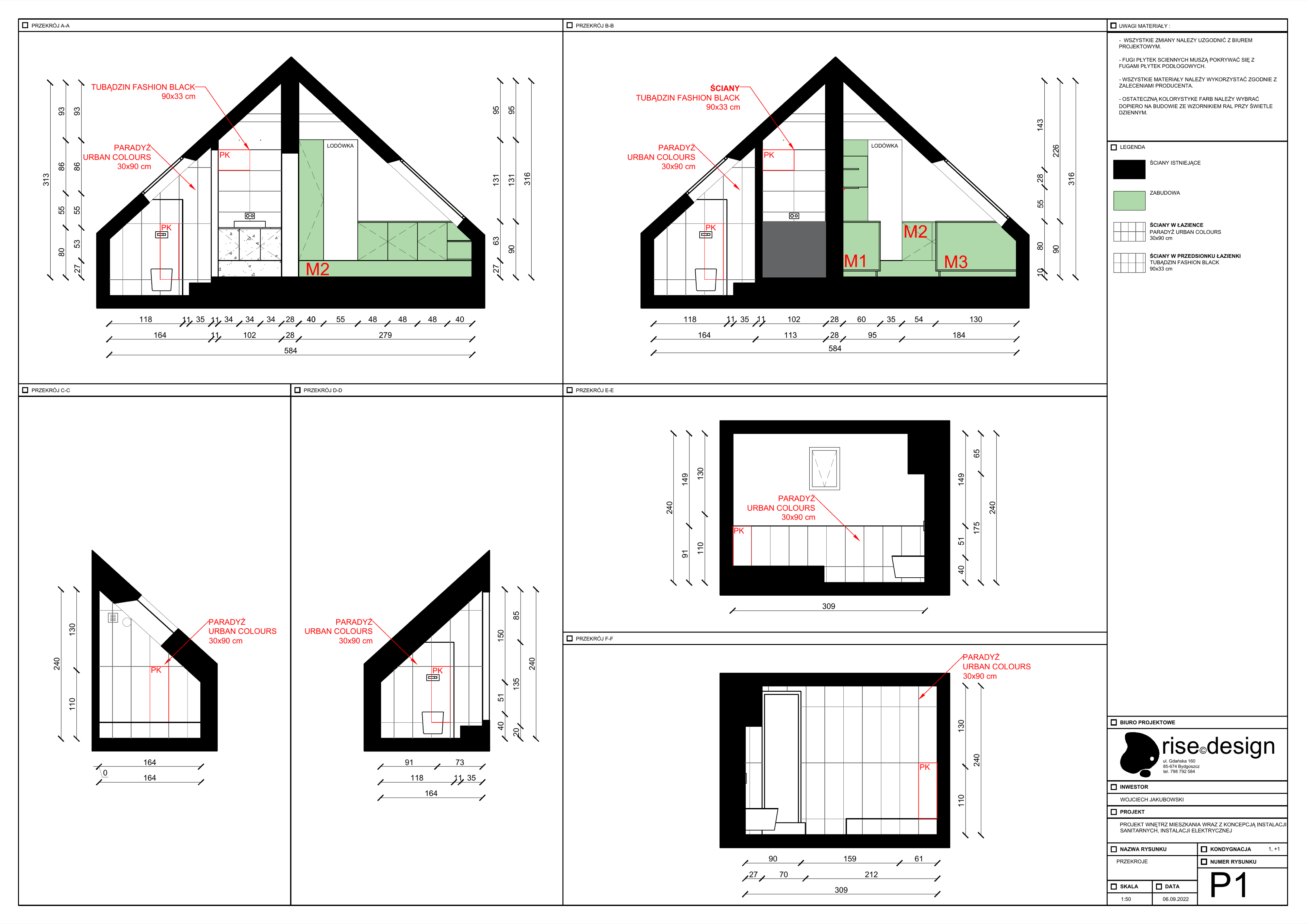 Drawing: bathroom wall elevations at 1:25 showing Paradyz Urban Colours grey 30x90 tile layout, Tubadzin Fashion Black vestibule tiles, shower niche dimensions, and vanity specification with mirror