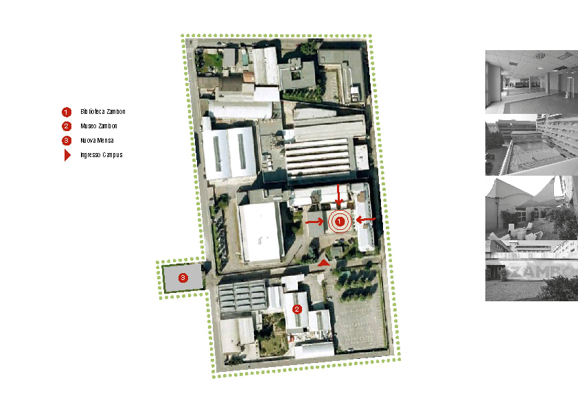 Drawing: campus aerial site plan showing library pavilion, Museo Zambon, Nuova Mensa, and Ristorante Campus within the pharmaceutical complex at Bresso